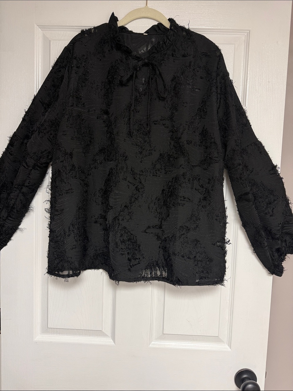 Black Textured Tie-Neck Women’s Top
